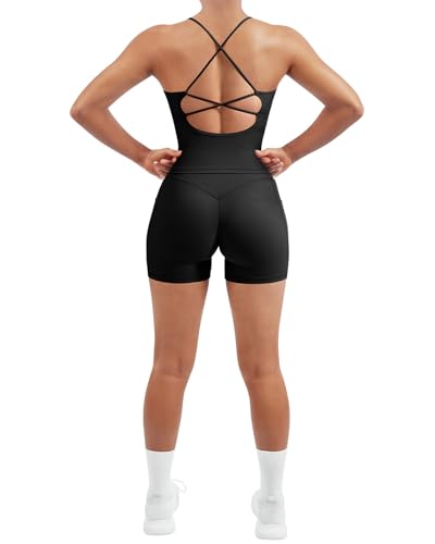 SUUKSESS Women 2 Piece Workout Sets Hidden Scrunch Butt Lifting Yoga Shorts with Pockets Backless Strappy Padded Tank Tops Outfits (Black, S)