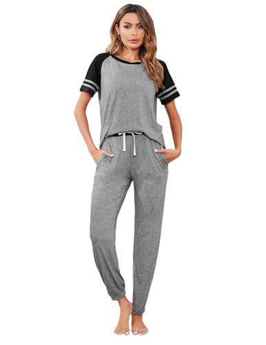 Image of Ekouaer Lounge Sets for Women Two Piece Pajama Set Short Sleeve Crewneck Jogger Outfits and Sweatpants Tracksuit