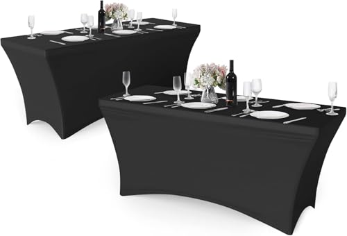 Granbest Pack von 2 Fitted 6FT Spandex Tischdecke Dehnen Rechteckige Tischdecke mit Hohem Elastik für Partei, Bankett, Hochzeitsereignis, Ausstellung, Freien (2 Packung 6ft,Schwarz)