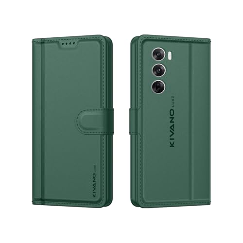 Image of KIVANO LUXE Compatible for Oppo Reno 12 Pro 5G Luxury Handmade Leather Magnetic Flip Folio Case | Card Holder & Kickstand | Slim Protective Cover | Unisex - Green
