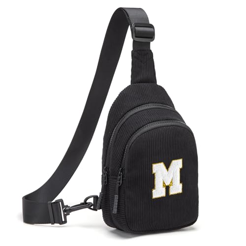 Small Corduroy Sling Bag Initial Crossbody Bag Fanny Pack for Girls Personalized Birthday Gifts for Teen Girls Gifts Black M