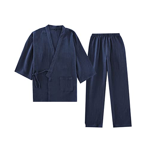 Maya Star Men Japanese Style Kimono Comfortable Pajamas Cotton Gauze Breathable Nightgown Tasteful Sweat Steaming Suit Cozy House Wear Sleepshirts XL Size(Navy Bule)