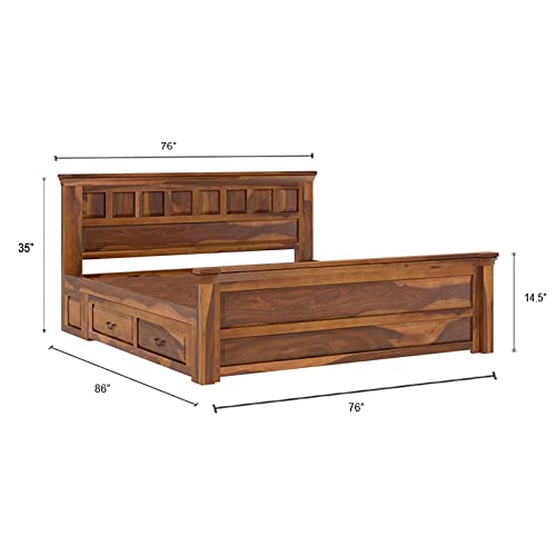 Image of Torque Allen Solid Wood King Size Bed with Storage Drawer - Brown | Wooden Palang Diwan Cot for Living Room Furniture | Double Bed for Sleeping