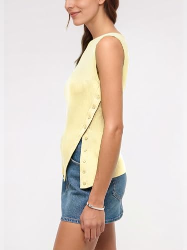 Baonmy Women Asymmetrical Button Down Side Split Tank Tops Sleeveless Boat Neck Slim Fit Ribbed Knit Summer Casual Tank3