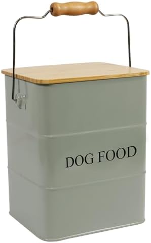 Brabtod Dog Food storage container Dog Treats Jar, Metal food treats tin for Dog, pet snacks Canisters with wooden lid/handle/sevice scoop,hold 5-6 lbs-Green