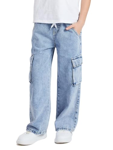 Boy's Baggy Cargo Jeans Drawstring Loose Staight Wide Leg Denim Pants2