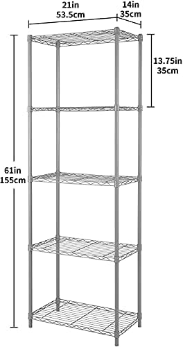COZYFUN Shelving Unit, 5-Tier Stainless Steel Wire Shelf Unit, Multipurpose Metal Kitchen Storage Unit, Shelving Units for Storage Shelves for Bathroom, Livingroom,Garage, 21W x 14D x 61H (Silver)