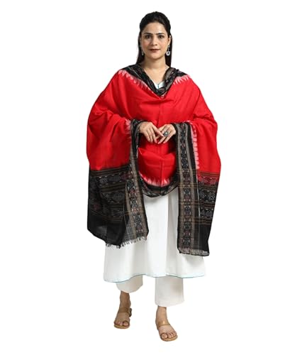 Image of Cotton Dupatta with weaving and Ikat woven border from the Weavers Stole for Girls & Women