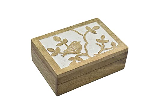 STORE INDYA Wooden Hand Carved Decorative Box with Bird Carving On Top | Treasure Box Jewelry Organizer Keepsake Box Treasure Chest Trinket Holder Watch Box Gifts for her Girl Women