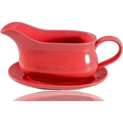 Gravy Boat & Saucer, 15 oz, Ceramic Serving Dish, Dispenser with Tray for Sauces, Dressings and Creamer, Large Handle, Microwave and Dishwasher Safe (Red)