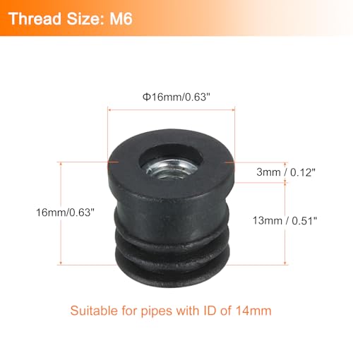 Image of Uxcell 10Pcs M6 Thread Inserts for 16mm /0.63 inch OD Tube, Black Plastic Plug Caster Insert Chair End Caps Furniture Leg Plug