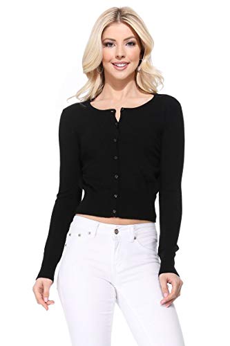 Image of Women's Cropped Cardigan Sweater - Long Sleeve Crewneck Basic Classic Casual Button Down Knit Soft Lightweight Top