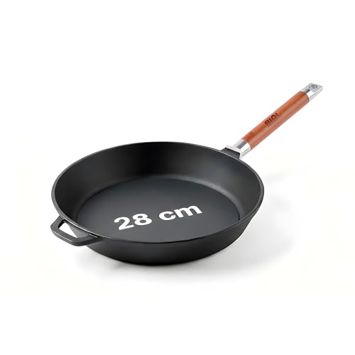 BIOL Gusseisen Bratpfanne 28 cm Induktion, 3,3kg, 6,6 cm hoch mit Abnehmbarem Holzgriff, Ofenfest, Gusseisenpfanne ohne Beschichtung, Schmorpfanne, Geeignet für Feuer, Grill, Backofen, Ceranfeld, Gas
