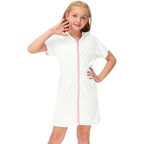 Girls Kids Zip Up Terry Cover Ups Cozy Swimsuit Hooded Bathrobe Short Sleeve Swimwear Robe with Pockets2