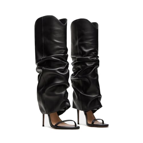 MAIJED Slouchy Knee High Boots for Women Open Toe High Heel Sandals Boots Pull On Long Fashion Stiletto Heeled Boots Black Size US8.5
