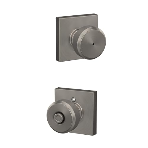Image of Schlage F40 BWE 619 COL Bowery Door Knob with Collins Trim, Bed & Bath Privacy Lock, Satin Nickel
