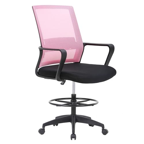 Image of BestOffice Drafting Chair Tall Office Chair Adjustable Swivel Rolling Mesh Height with Lumbar Support Arms Footrest Mid Back for Adults Standing Desk Drafting Stool (Light Pink)