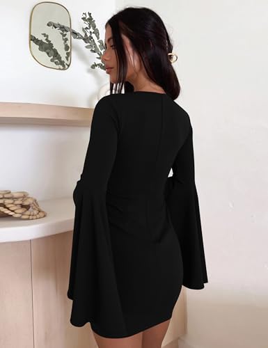 Women's Sexy V Neck Bodycon Mini Dress Bell Long Sleeve Party Club Short Dresses3