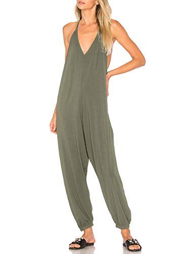 whoinshop Women's Casual V Neck Spaghetti Strap Harem Leg Cami Jumpsuit Long Pant Romper Pajama with Pockets (Army Green, Medium)