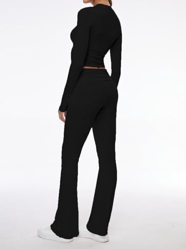 Image of AnotherChill Women's Long Sleeve Top Foldover Flare Pants Lounge Set | 2 piece cropped shirt and slim flare trousers comfy loungewear, soft modal casual matching sets, travel airport outfits