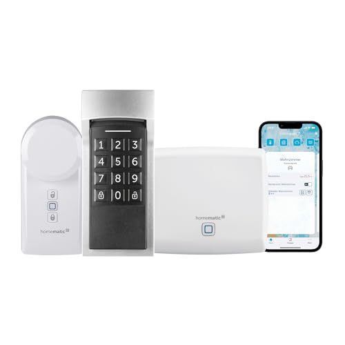 Homematic IP Smart Home Türschlossantrieb, elektronisches Türschloss, Smart Lock + Smart Home Keypad, Codeschloss für die Haustür + Homematic IP Access Point, Smart Home Gateway mit kostenloser App