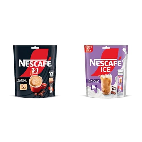 Nescafé 3'ü 1 Arada Extra Çözünebilir Kahve Karışımı 10'lu Paket (10 x 16,5 g) ve NESCAFÉ Milky Ice Choco Çikolata Aromalı 10'lu Paket (10x10.6 G)