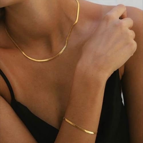Otxas Golden Herringbone Choker Necklace for Women Snake Chain Necklace and Bracelet Set Flat Necklaces and Bracelet Set Snake Chain Jewelry4