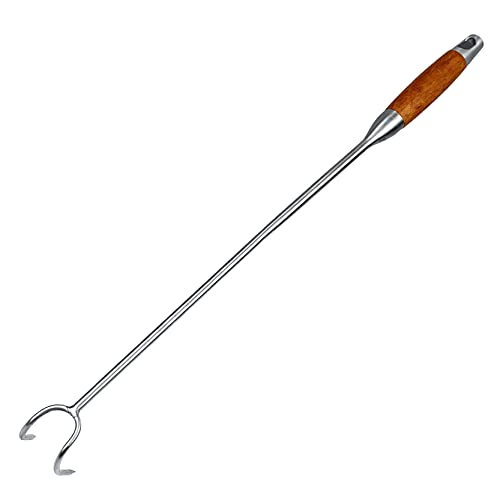 UPTALY 1 pcs 24 inch Pigtail Food Flipper, with Double Hooks, Thickened SUS430 Stainless Steel, Extra Long Meat Turner, with Rose Wood Handle, Heavy Duty BBQ Meat Hooks, Large Sized Turkey Fryer Hook