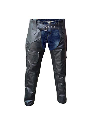 Mens Real Black Leather Chaps Motorcycle Bikers Chaps Trouser Pants Jeans