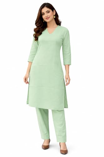 Image of JAIPUR HAND BLOCK Women's Cotton plain Straight Salwar Suit | V-Neck | 3 /4th Sleeve | Regular Fit | Daily, Office & Ethnic Wear(ST00125-V-NEW)