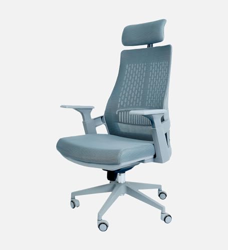 Image of Lakdi The Furniture Co High Back Mesh Office Chair with Headrest for Directors & Executive | Ergonomic Revolving Chair with Adjustable Height | Grey Chair for Work from Home & Office Use
