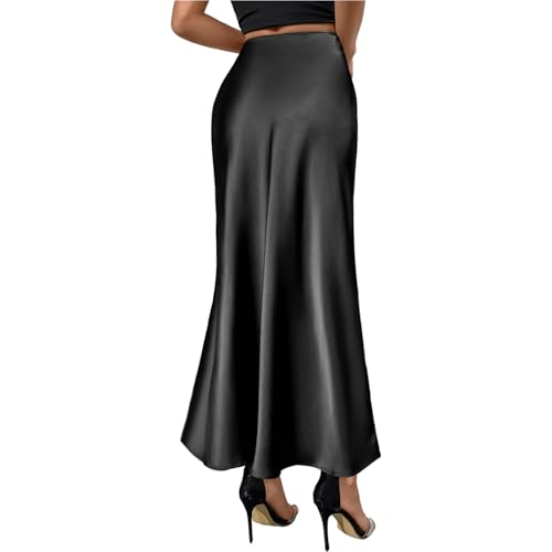 Women's Satin Midi Long Skirt Summer Black High Waist A-line Skirt Hidden Elastic Waistband Elegant Casual Skirt for Women