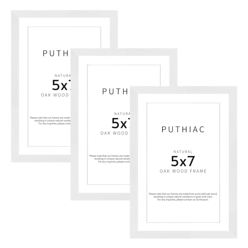 puthiac 5x7 Oak Wood Picture Frame - Minimalist 5x7 Picture Frame, 5"x7" Frame Wood, Natural Solid Wooden Picture Frames for Wall Art Photo and Prints(3 Pack, White)