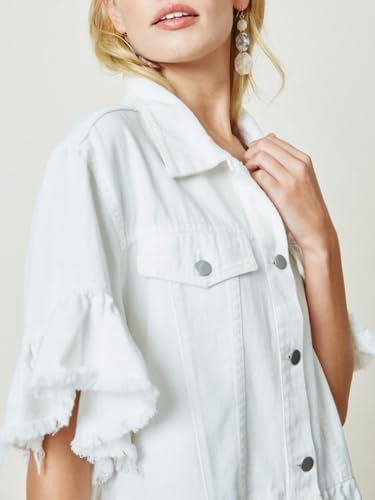 Womens Short Ruffle Trim Sleeves Washed Denim Jacket Button Down Jean Jacket with Ruffle Hem3