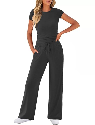 COPYLEAF Womens 2 Piece Lounge Sets Drawstring Wide Leg Sweatpants Ruched Crop Top Matching Set Casual Outfits Pajamas(Dark Grey M)