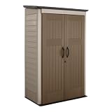 Rubbermaid Vertical Resin Outdoor Storage Shed With Floor (4 x 2.5 Ft) Weather Resistant Brown Organization for Home/Backyard/Garden Tools/Porch/Patio Cushions/Pool Chemicals/Toys