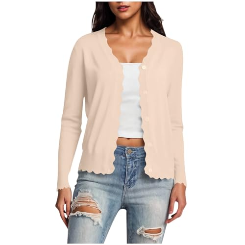 Oplxuo Women's Long Sleeve V-Neck Button Down Cardigan Knit Shrugs Sweater Lightweight Scalloped Edged Bolero Shrugs2