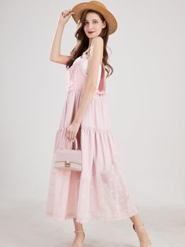 Image of Women's Laced Embroidered Tulle Boho Dress Casual Loose Adjustable Straps Bib Maxi Dress