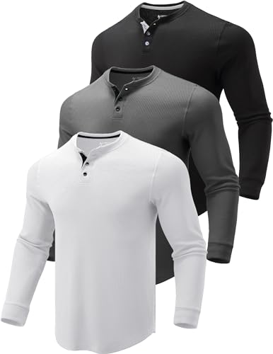 3 Pack Mens Waffle Henley Thermal Long Sleeve Shirts Casual Fitted Fall Shirts for Men (Set 4 Large)