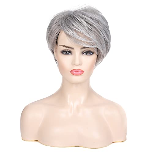 Baruisi Short Grey Wigs for Women Pixie Layered Wig with Bangs Synthetic Hair Wigs Cosplay Halloween Daily Wig - Image 2