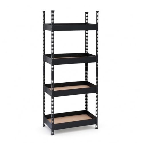 Image of Bonkaso 4 Tier Adjustable Boltless Metal Storage Rack for Home, Garage, Office & Shop | Heavy Duty Rust-Resistant Shelving Unit with MDF Wooden Shelves | Utility Display Stand, Black, (60x36x109 cm)