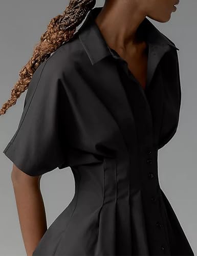 Image of SAFRISIOR Women Button Front Pleated Mini Shirt Dress Summer Short Sleeve Striped Blouse Casual Corset Dresses Black