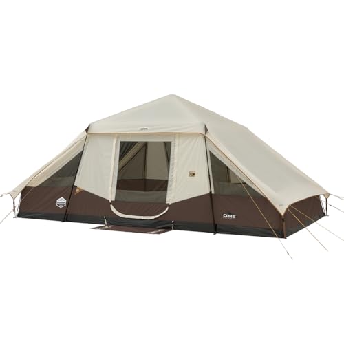 CORE 10 Person Instant Cabin Tent with LED Lights | Large Lighted Pop Up Tent with Carry Bag for Outdoor Camping, Glamping, and Backyard Adventures | Included Storage Pockets for Camp Accessories