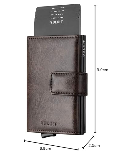 Image of VULKIT RFID Card Wallet for Men, Slim Compact Men's Wallet, Leather RFID Blocking Credit Card Holder Wallet, Trifold Thin Metal Security Pop Up Wallet, Gift Box Packing, Espresso, Taille unique