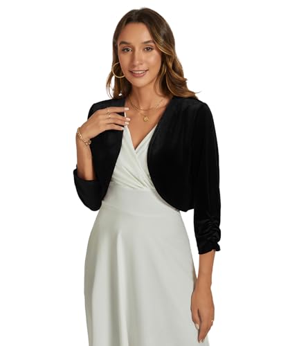 Image of Womens Velvet Bolero Shrug Elegant Open Front Ruched 3 /4 Sleeve Cocktail Party Cropped Cardigan