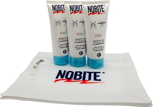 NOBITE Kids Insektenschutz Lotion – 3 × 100 ml | Mücken- & Zeckenschutz für Kinder ab 1 Jahr & Schwangere | DEET + Icaridin | Hautfreundlich, tropentauglich, parfümfrei | inkl. NOBITE Kulturtasche