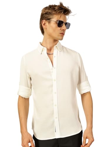 Image of Thomas Scott Men's | Solid | Textured Fabric | Full Sleeve | Slim Fit | Polyester-Blend | Spread Collar | Casual Shirt