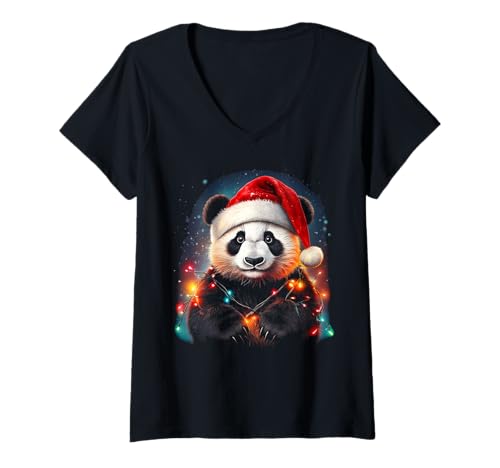 Mujer Familia de Navidad Cute Panda Bear Animal Holiday Matching Camiseta Cuello V