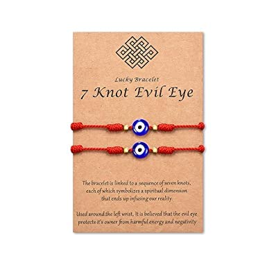 Kaushey loom & craftHandmade 7 Knot Evil Eye Bracelet Set with Card,Red String Bracelets Kabbalah Protection Luck Amulets for Women Men Family Friends (Set of 2)