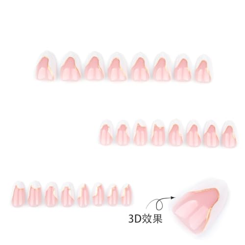 Image of White Nail Press ons French Tip Press on Nails Gold Line Fake Nails Short Almond False Nails Glossy Glue on Nails Reusable Artificial Acrylic Full Cover Stick on Nails for Women Girls Manicure 24Pcs